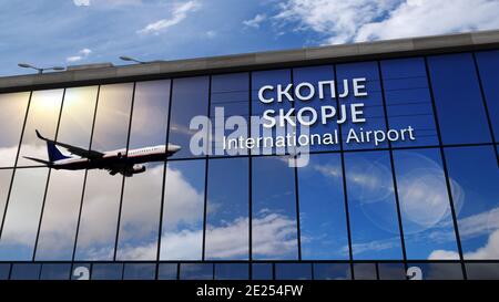 Avion à réaction atterrissage à Skopje, Macédoine du Nord illustration de rendu 3D. Arrivée de la ville avec le terminal de verre de l'aéroport et le reflet de l'avion. T Banque D'Images