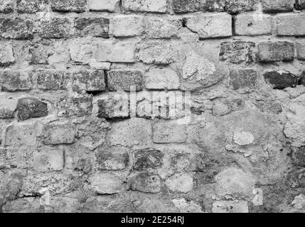 Fond de mur en brique grise, vieux mur en brique partiellement recouvert de béton. Banque D'Images