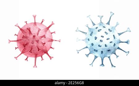 Illustration aquarelle du coronavirus. Aquarelle constituée de deux images stylisées de virus isolés sur fond blanc. Banque D'Images