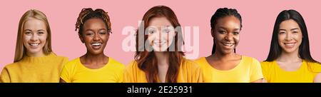 Belles jeunes femmes multiraciales en jaune, ensemble de portraits Banque D'Images