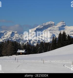 Montagne enneigée dans le canton de Vaud, Suisse. Banque D'Images