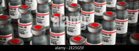 Grandes quantités de bouteilles de vaccination de virus Corona concept panoramique Banque D'Images