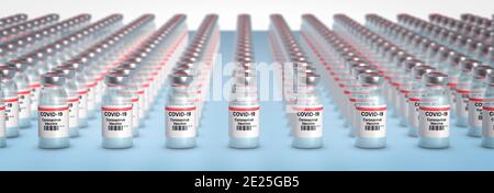 Grandes quantités de bouteilles de vaccination de virus Corona concept panoramique Banque D'Images