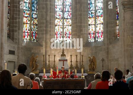La messe de la Pentecôte dans l'église St Nicolas, Beaumont-le-Roger, France Banque D'Images