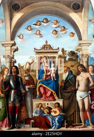 Galerie dell'Accademia. Madonna et l'enfant ont affronté les saints Catherine, George, Nicholas, Anthony Abbot, Sebastian et Lucy de Giambattista Cima Banque D'Images