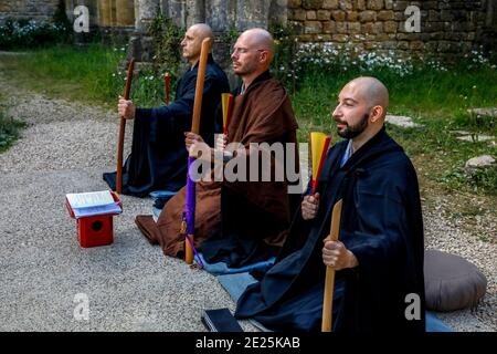 Cérémonie d'ordination (transmission) du maître bouddhiste Zen dans les ruines de l'ancienne abbaye au monastère de Trappist Orval, Orval, Belgique Banque D'Images