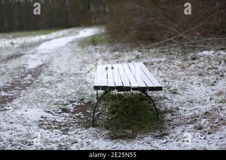 Strausberg, Allemagne. 11 janvier 2021. Paysage d'hiver à Märkisch Oderland dans le Brandebourg. Banc recouvert de neige à Strausberg (photo de Simone Kuhlmey/Pacific Press) crédit: Pacific Press Media production Corp./Alay Live News Banque D'Images