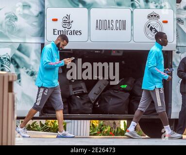 12 de enero del 2021 (Malaga) El equipo de futbol del Real Madrid lega a el Gran Hotel Miramar que es su Hotel de concentracion durante 3 dias ante de la semifinal de la Supercopa que se jugara en la Rosaleda de Malaga ante el Athletic de Bilbao janvier 12, 2021 (Malaga) l'équipe de football du Real Madrid arrive au Gran Hotel Miramar, qui est son hôtel de concentration pendant 3 jours avant la demi-finale de la Super Cup qui sera jouée à la Rosaleda de Malaga contre l'Athlétique Bilbao Lorenzo Carnero / Cordo Press Cordo Press Banque D'Images