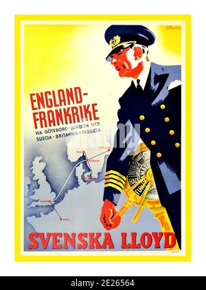 Poster de voyage Svenska Lloyd Suédois Lloyd expédition Voyage Original vintage croisière poster de voyage publicité Suédois Lloyd / Svenska Lloyd - Angleterre Frankrike via Goteborg Londres Med Suecia Britannia Patricia - oeuvre d'un capitaine en uniforme bleu et chapeau avec sa main sur le moteur télégraphe de commande Tourné à plein débit en avant alimentant le navire vers les destinations indiquées sur la carte en arrière-plan montrant les lignes d'expédition entre Göteborg, Oslo, Stockholm, Copenhague, Londres et Paris. Imprimé en Suède par Nezata. Banque D'Images