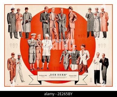 Mode hommes des années 1940 ‘DERR HERR’ Allemagne affiche publicitaire de vêtements d’époque pour hommes publiée en Allemagne nazie pendant la Seconde Guerre mondiale. L'affiche illustre les derniers modèles de mode hommes pour le printemps 1942 disponibles auprès de l'éditeur Rudolf Maurer à Berlin, Hausvogteiplatz 13. Les costumes et les manteaux présentés varient du sport à la tenue classique et le noir et blanc cravate tuxedoes Banque D'Images