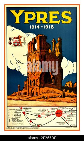 YPRES affiche de voyage vintage des années 1920 pour la première Guerre mondiale Ypres 1914-1918 , une municipalité belge de la province de Flandre Occidentale. L'œuvre de l'artiste Selly présente les ruines de la cathédrale Saint-Martin et une carte des zones environnantes, y compris les sites des ruines, des champs de bataille et des cimetières. Ypres est communément connu pour la bataille d'Ypres dans la première Guerre mondiale, entre l'axe et les forces alliées. Cette affiche commémore Ypres et sa signification historique est poignante. Imprimé à Bruxelles, Belgique, designer: Selly, première Guerre mondiale des années 1920 Banque D'Images