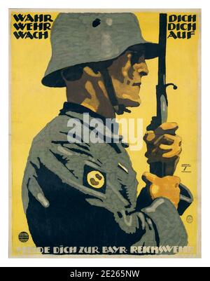 WW1 Allemagne Vintage Recruiting WW1 German Propaganda Poster 1918-- vrai pour vous défendre vous-même réveillez-vous. Signalez-vous au Reichswehr bavarois. Wehr dich Wach auf. Melde dich zur Bayr-Reichswehr première Guerre mondiale Banque D'Images