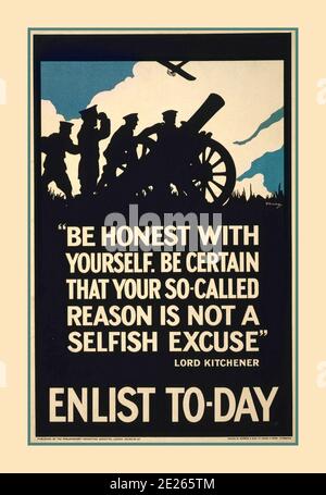 ENRÔLER AUJOURD'HUI WW1 1915 Vintage UK recrutement propagande WW1 affiche britannique ' soyez honnête avec vous-même. Assurez-vous que votre soi-disant raison n'est pas une excuse égoïste. Lord Kitchener. Enrôler au jour le jour 1914 la première Guerre mondiale affiche de recrutement de propagande d'époque de Lord Kitchener S'ENRÔLER AUJOURD'HUI Banque D'Images