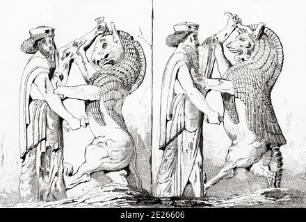 Roi Perse au combat avec un monstre symbolisant Ahriman. Ahriman Angra Mainyu, première incarnation de Evil. Animal tué par le roi grand soulagement du palais Darío. Persepolis capitale cérémonielle de l'Empire achéménide. Province de Fars. Iran. Ancien imprimé antique gravé en acier. Publié dans l'Univers la Perse, en 1841. Histoire de l'ancien empire persan Banque D'Images