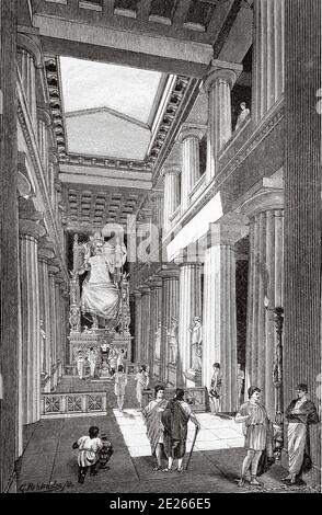 Temple de Zeus avec la statue de Zeus à Olympie. Grèce Histoire ancienne. Ancienne illustration de la gravure du livre Universal History de Oscar Jager 1890 Banque D'Images