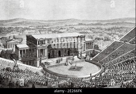 Le Théâtre Dionysos était le plus grand théâtre de la Grèce antique, situé dans l'Acropole d'Athènes et faisant partie du thème Dionysos. Dédié à Dionysos, dieu des vignobles et du théâtre. Grèce Histoire ancienne. Ancienne illustration de la gravure du livre Universal History de Oscar Jager 1890 Banque D'Images