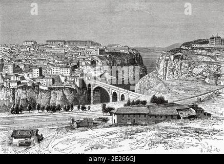 Vue de Constantine, prise de la route de Mansura, Algérie. Afrique du Nord. Ancienne illustration de la gravure du livre Nueva Geografia Universal par Eliseo Reclus 1889 Banque D'Images