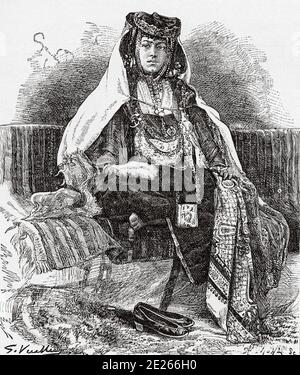 Ouled Nail Dancer, Algérie. Afrique Du Nord. Ancienne illustration de gravure du livre Nueva Geografia Universal par Eliseo Reclus 1889 Banque D'Images