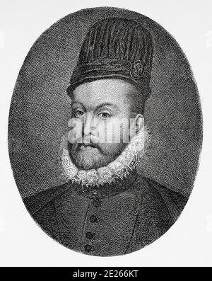 Portrait de Philippe II d'Espagne, appelé « la prudence » (Valladolid, 21 mai 1527 - San Lorenzo de El Escorial, 13 septembre 1598), fut roi d'Espagne du 15 janvier 1556 jusqu'à sa mort, A Naples et en Sicile depuis 1554 et au Portugal et dans l'Algarve - comme Philippe I - depuis 1580. Il était également roi d'Angleterre et d'Irlande, Iure Uxoris, pour son mariage avec Marie I, entre 1554 et 1558. Histoire de Philippe II d'Espagne. Ancienne gravure publiée dans Historia de Felipe II par H. Forneron, en 1884 Banque D'Images