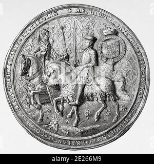 Médaille du sceau de Philippe II d'Espagne et de Marie I d'Angleterre, alias Bloody Mary, 1516-1558. Reine d'Angleterre et d'Irlande. Histoire de Philippe II d'Espagne. Ancienne gravure publiée dans Historia de Felipe II par H. Forneron, en 1884 Banque D'Images