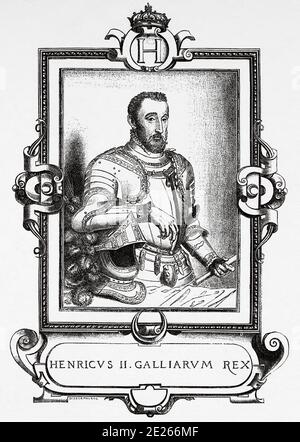 Portrait d'Henri II de France (Saint-Germain-en-Laye, 31 mars 1519 - Paris, 10 juillet 1559), quatrième fils de Francisco I et Claudia de France, fut reconnu duc de Bretagne en 1536 et couronné roi de France à Reims en 1547. Histoire de Philippe II d'Espagne. Ancienne gravure publiée dans Historia de Felipe II par H. Forneron, en 1884 Banque D'Images