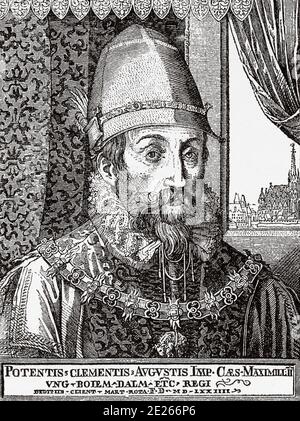 Portrait de Maximilian II (Vienne, 31 juillet 1527 - Ratisbonne, 12 octobre 1576), élu empereur du Saint Empire romain, roi de Hongrie entre 1564 et 1576, roi de Bohême entre 1564 et 1576. Histoire de Philippe II d'Espagne. Ancienne gravure publiée dans Historia de Felipe II par H. Forneron, en 1884 Banque D'Images