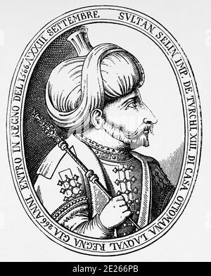 Portrait de Selim II (28 mai 1524 - 12 décembre 1574) régna comme Sultan de l'Empire ottoman. Il est né à Constantinople, fils de Suleiman le magnifique et son favori Anastasia Lisovska. Histoire de Philippe II d'Espagne. Ancienne gravure publiée dans Historia de Felipe II par H. Forneron, en 1884 Banque D'Images