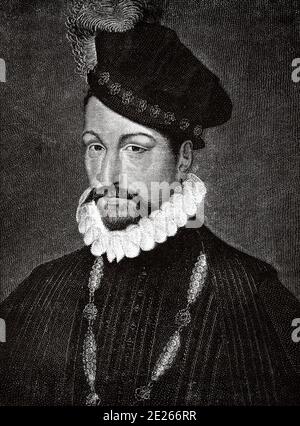 Portrait de Charles IX de France, Carlos Maximilian de France (Saint-Germain-en-Laye, 27 juin 1550 - Vincennes, 30 mai 1574), fut roi de France de 1560 à 1574. Quatrième roi de la branche Valois-Angoulema de la branche appelée Valois de la dynastie des capétiens. Histoire de Philippe II d'Espagne. Ancienne gravure publiée dans Historia de Felipe II par H. Forneron, en 1884 Banque D'Images