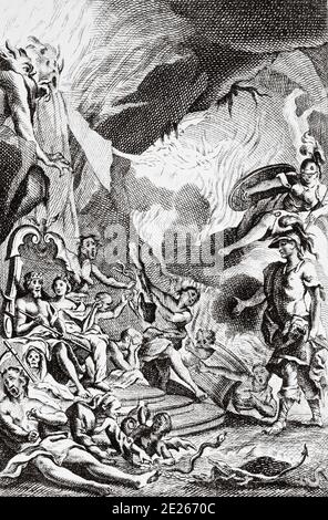 Telemachus dirigé par Minerva descend en enfer et demande à Pluton la permission de dire à son père bien-aimé. Ancienne gravure du XVIIIe siècle tirée du livre les aventures de Telemachus, fils d'Ulysses, de François de Salygnac 1767 Banque D'Images