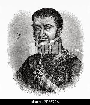 Portrait de Ferdinand VII d'Espagne, appelé le désiré ou roi Felon (San Lorenzo de El Escorial 1784 - Madrid 1833). Roi d'Espagne. Fils et successeur de Carlos IV et María Luisa de Parme. Ancienne gravure du livre Spanish Biographical Year par Ildefonso Fernandez 1899 Banque D'Images