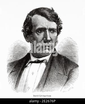 Portrait de David Livingstone (1813-1873) missionnaire et explorateur écossais, premier européen à découvrir les chutes Victoria sur le fleuve Zambèze en Afrique centrale. Les derniers journaux de David Livingstone missionnaire et explorateur écossais, 1866-1873. Ancienne gravure El Mundo en la Mano 1878 Banque D'Images