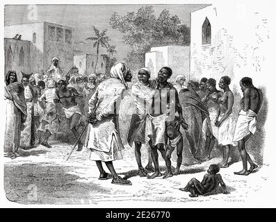 Le marché des esclaves à Zanzibar, en Tanzanie, en Afrique de l'est. Les derniers journaux de David Livingstone missionnaire et explorateur écossais, 1866-1873. Ancienne gravure El Mundo en la Mano 1878 Banque D'Images