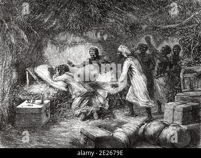 Décès du Dr David Livingstone dans le village de Tchitammbo, en Afrique, en 1873. Les derniers journaux de David Livingstone missionnaire et explorateur écossais, 1866-1873. Ancienne gravure El Mundo en la Mano 1878 Banque D'Images