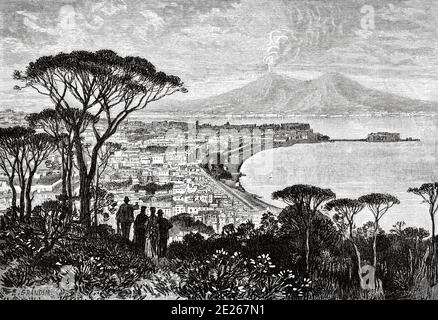 Vue panoramique générale de Naples et du Vésuve vue depuis Posillipo. Italie Europe. Ancienne illustration du XIXe siècle gravée de l'ouvrage Nouvelle Géographie universelle de Eliseo Reclus 1889 Banque D'Images