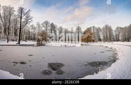 Paysage d'hiver panoramique dans un parc enneigé avec un beau petit lac gelé et couvert de neige. Banque D'Images