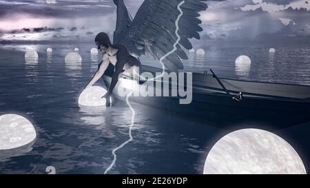 Angel recueille des âmes flottantes dans l'eau. Coups de tonnerre. Composition spirituelle. Rendu 3D Banque D'Images