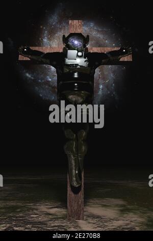 Astronaute crucifié dans un paysage aride. Rendu 3D. Vue sur la galaxie dans le ciel Banque D'Images