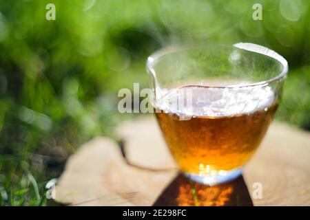 Boisson saine. Thé noir fraîchement infusé dans une tasse de verre sur une dalle de bois sur l'herbe verte copyspace gros plan Banque D'Images