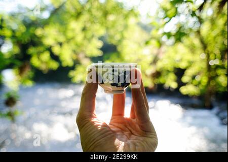 Petite tasse en porcelaine chinoise devant l'eau et le vert laisse un arrière-plan de bokeh sinlight Banque D'Images
