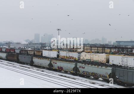 Trains au triage CP de Winnipeg couverts de neige par un froid jour de janvier, Winnipeg, Manitoba, Canada Banque D'Images