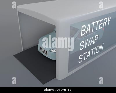 Illustration 3D d'une voiture électrique dans une station de remplacement de batterie. Banque D'Images