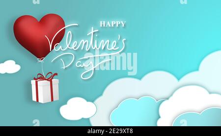 Illustration d'une carte de vœux pour la Saint-Valentin avec cadeau suspendu sur une montgolfière en forme de cœur rouge volant à travers un ciel bleu avec des nuages Banque D'Images