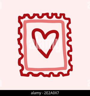 Thème de la Saint-Valentin Doodle icône de l'affranchissement du courrier dessiné à la main timbre de forme de coeur isolé sur un rose Banque D'Images