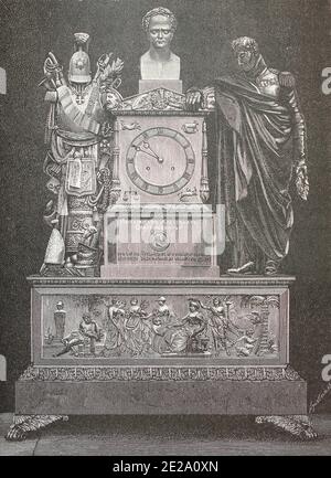 Horloge dans la ville de Gruzino dans la région de Novgorod à la mémoire de l'empereur russe Alexandre I. gravure du 19ème siècle. Banque D'Images