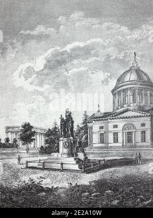 Monument à l'empereur russe Alexandre Ier dans la ville de Gruzino dans la région de Novgorod. La gravure du XIXe siècle. Banque D'Images