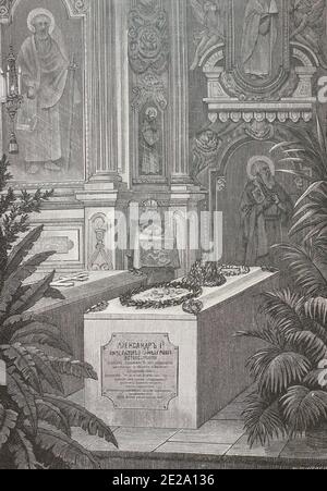 Tombe de l'empereur russe Alexandre Ier dans la cathédrale Pierre-et-Paul à Saint-Pétersbourg. gravure du xixe siècle. Banque D'Images