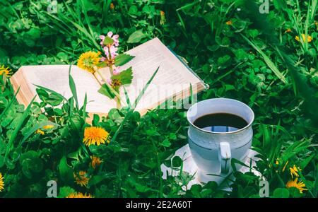 Livre ouvert et une tasse de café chaud sur un pré vert à l'été ou au printemps, matin Banque D'Images