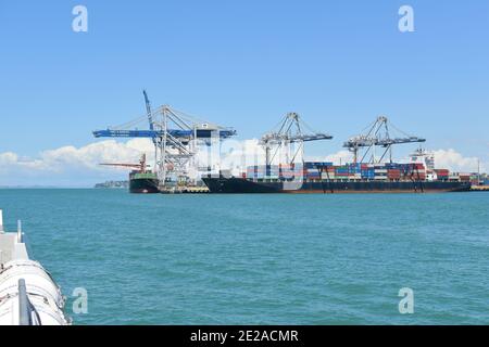 AUCKLAND, NOUVELLE-ZÉLANDE - 03 janvier 2021 : vue sur les navires à conteneurs et les grues dans les ports d'Auckland Banque D'Images