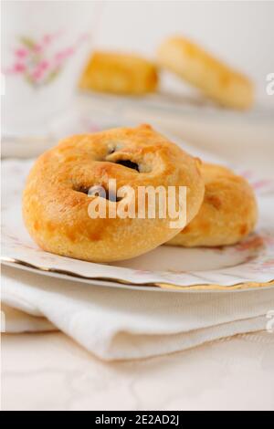 Gâteaux d'Eccles une petite pâtisserie ronde remplie de raisins de Corinthe ou Raisins secs originaires de la ville d'Eccles dans le Lancashire Angleterre Banque D'Images