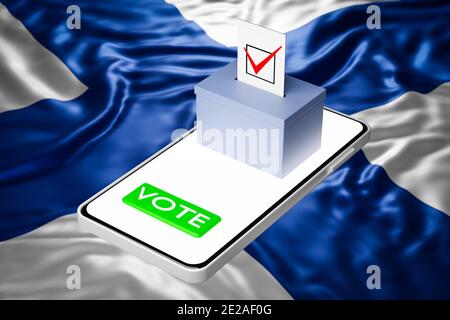 illustration 3d d'une boîte de vote avec un panneau d'affichage sur un smartphone, avec le drapeau national de la Finlande en arrière-plan. Concept de vote en ligne, Banque D'Images